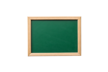 Green chalkboard with natural wooden frame for classroom teaching and presentations, isolated on a transparent background