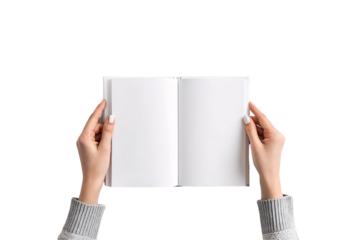 Female hands with white nails holding open blank notebook in sweater sleeves, isolated on a transparent background