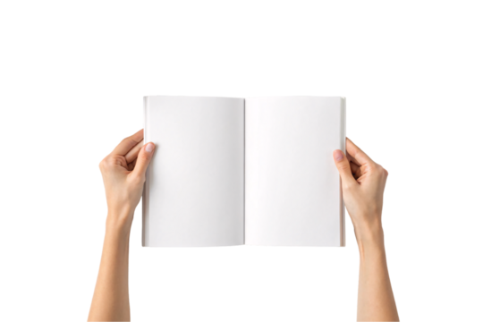 Hands holding open blank white book or magazine mockup for design, isolated on a transparent background
