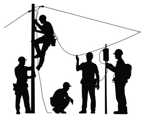 Silhouette of Technicians at Work: Silhouette captures the intensity of technicians at work, climbing poles and checking wires, depicting the industry of infrastructure maintenance.