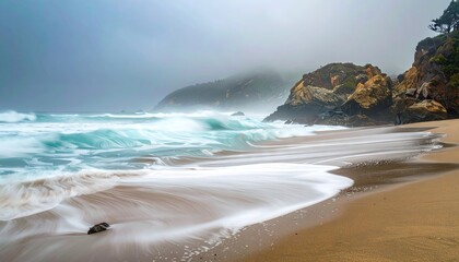 Ocean Waves Crashing on Sandy Beach Under Cloudy Sky