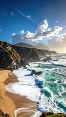 Ocean Waves Crashing on Sandy Beach with Rocky Coastline