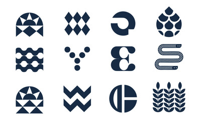 Abstract Geometric Symbols Featuring Circles, Triangles, Waves, and Lines