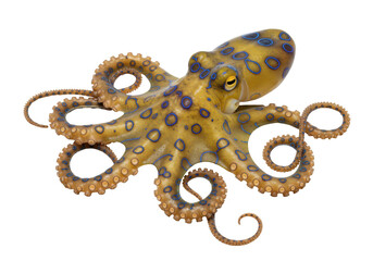 Isolated blue-ringed octopus with bright coloration and suckers on a plain surface