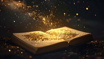 Open Book with Golden Glitter and Sparkling Dust