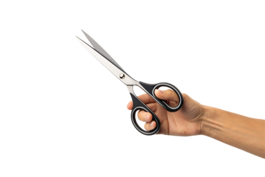 Hand holding scissors black handle metal blade cutting tool sharp open stainless steel office craft sewing, isolated on a transparent background