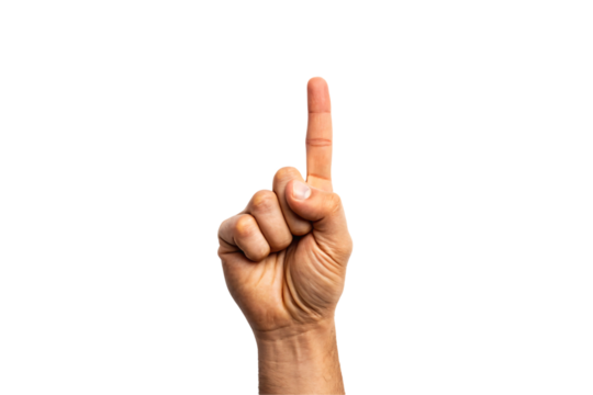Single index finger raised upward in pointing gesture showing direction or making a statement, isolated on a transparent background