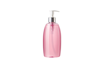 Transparent pink hand soap pump bottle with chrome dispenser showing clear liquid inside contemporary bathroom product, isolated on a transparent background