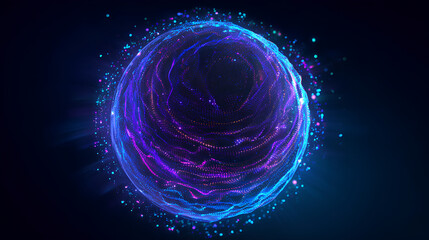 Neon futuristic 3d sphere of blue and purple glowing digital waves and particles. Future technology concept, Artificial Intelligence, engineering, and science. Abstract energy orb. Data, innovations.