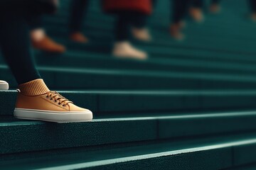 Bright sneakers on steps create dynamic sense of movement and en
