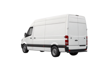 White commercial delivery van with extended high roof photographed from front three-quarter passenger side angle, isolated on a transparent background