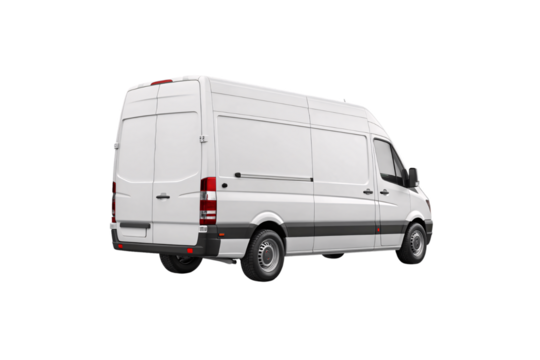 White commercial cargo van with high roof shown from rear three-quarter angle view, isolated on a transparent background