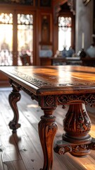 Ornate Carved Wooden Table in Sunlit Room