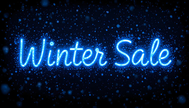 Blue Neon Winter Sale Sign with Glittering Particles