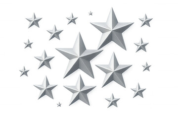 Obraz premium Silver 3d stars falling on transparent background symbolizing achievement, success, celebration, and quality