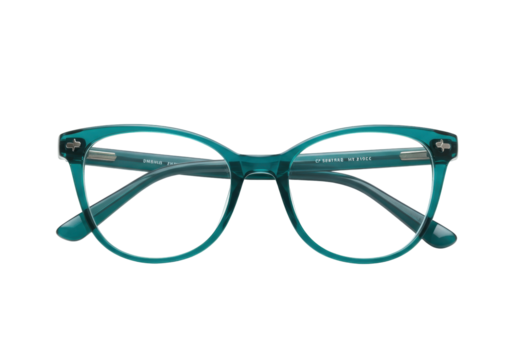 Isolated cat-eye glasses are sleek with stylish turquoise frames for vision correction