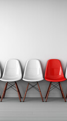 Minimalist scene of one red chair standing out among four white chairs, symbolizing individuality and uniqueness.
