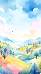Pastel Landscape with Winding River and Colorful Trees