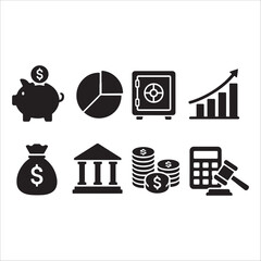 This image displays a collection of eight black and white icons related to finance and business. It includes a piggy bank, a pie chart, a safe, a bar graph, a money bag, a bank building, stacks 