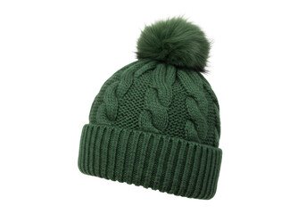 Isolated knit cap with pompom in dark green color perfect for winter fashion style