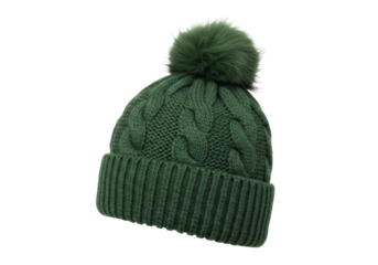 Isolated knit cap with pompom in dark green color perfect for winter fashion style