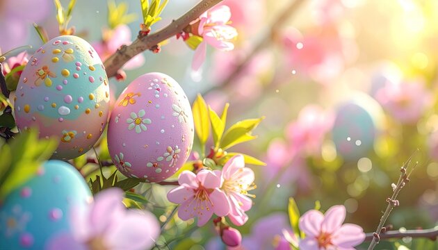 Pastel Easter Eggs and Pink Blossoms