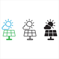 This image displays three stylized icons of a solar panel. The icons are presented in a row, varying in color and detail. The leftmost icon features a green solar panel with a blue sun and cloud.