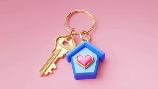 A key with heart-shaped house charm, symbolizing home ownership, security, and belonging. This charming visual with a gentle pastel palette conveys themes of dreams and family in a modern aesthetic.