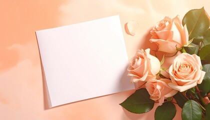 Peach Roses and Blank Notecard on Soft Orange Background