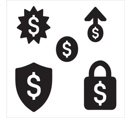 The image displays five black icons on a white background, all featuring a white dollar sign ($). These icons represent various financial concepts: a sunburst-like shape suggesting value or special 