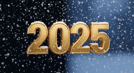 Golden year two thousand twenty five with snow falling on a dark and blue gradient background