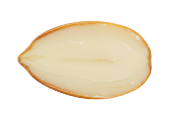 Isolated half of fresh apricot stone with smooth light yellow core and tan shell margin