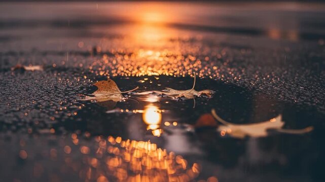 Autumn leaves on wet pavement reflecting sunset light
