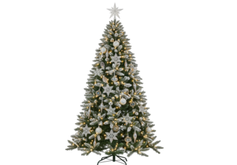 Isolated Snowy Christmas Tree, Decorated with Silver and Gold Ornaments, Top Star at Holiday