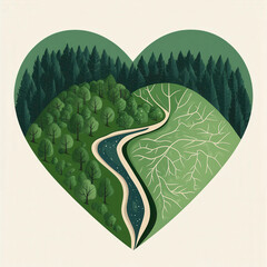 A heart with a river in the middle and trees on the left and right side. The heart is open to show the contrast between the two sides