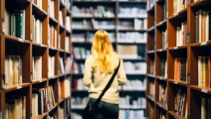 A video still of a woman browsing a library aisle. Shot from behind at eye level, capturing the cozy, contemplative atmosphere of exploring books. - Powered by Adobe