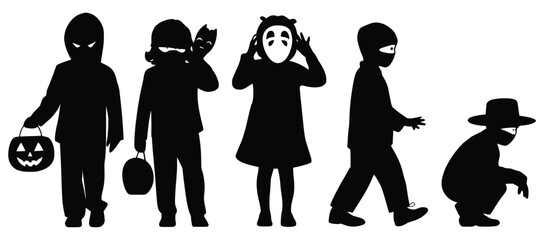 Silhouette Kids in Halloween: Silhouette of kids in various costumes ready for Halloween.
