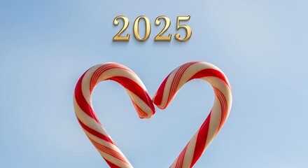 Candy canes forming a heart shape with the year two thousand twenty five above on a light blue background