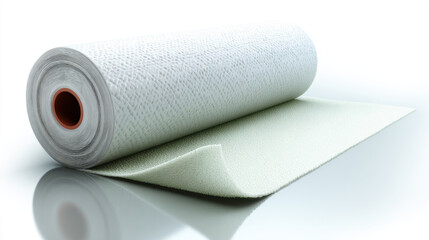 Obraz premium A minimalist product display of a roll of peel-and-stick waterproof membrane unrolled on a glossy surface, with textured edge detail and adhesive liner partially peeled. 3d illustration.