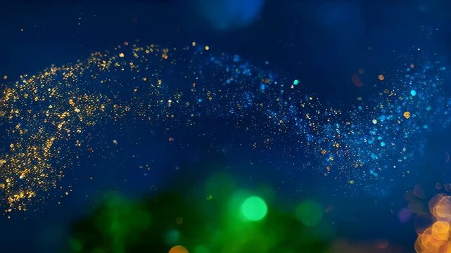 Abstract Dark Blue Background With Flowing Golden Blue Particles And Green Bokeh Lights