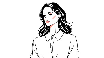 Illustration of a young woman with long wavy hair wearing a button-down shirt, looking slightly to the left.