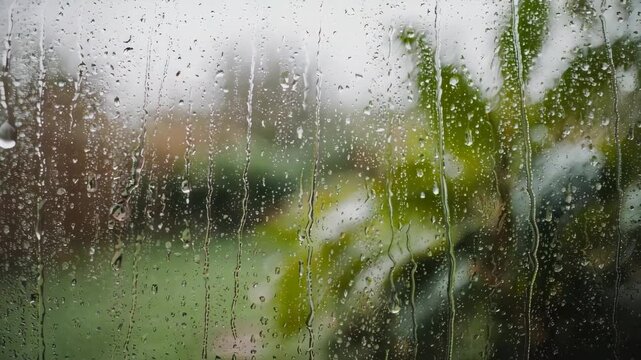 A cozy and refreshing view of spring rain on a windowpane. The soft-focus garden background creates a peaceful, meditative mood. Seamlessly loopable for extended use.