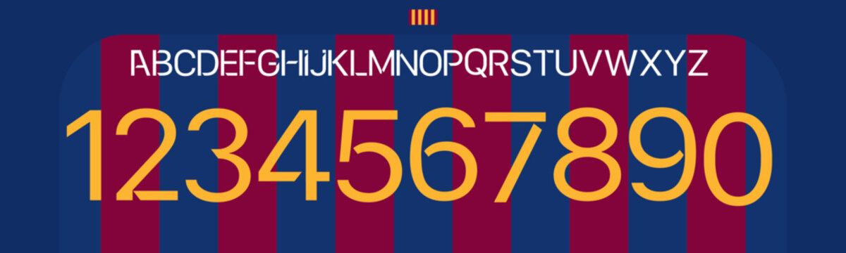 font barcelona fc vector tea kit sport style font. football style font with thin and points inside. blaugrana color jersey, catalan laliga spain. sports style letters and numbers for soccer team