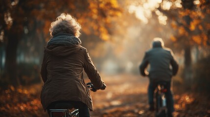 Elderly couple cycling through autumn street with falling leaves