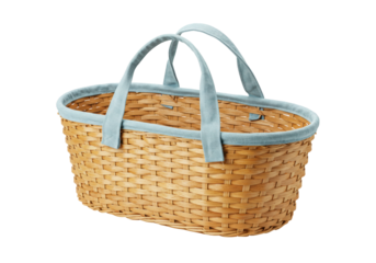 Isolated woven basket with blue trim and handles. Rustic, useful container for storage