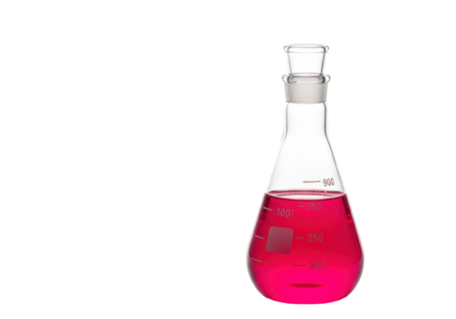 Isolated Erlenmeyer flask, clear glass lab equipment, containing a red chemical solution