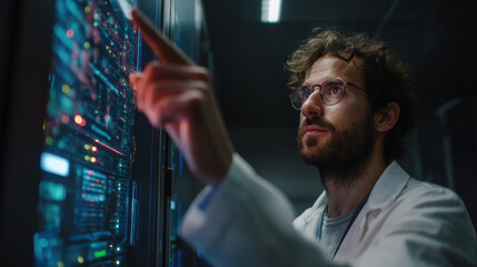 IT engineer working on a server in a data center, close-up shot. An engineer in a lab coat is working on a server, likely troubleshooting or maintaining the system. 