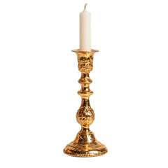 Ornate golden candlestick with white candle on transparent background
