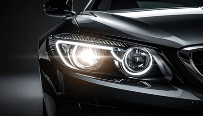 Modern Luxury Black Sports Car Headlight Detail Illuminated With Bright White LED Lights Against A Dark Studio Background