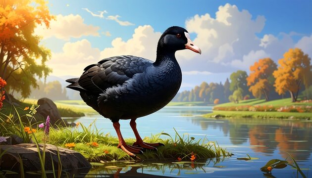 A coot stands on a grassy bank beside a lake in an idyllic autumnal scene, with vibrant trees and a blue sky